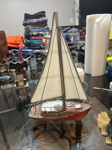 Vintage Stained Glass Sailboat Orange & White 10” - Picture 2 of 13