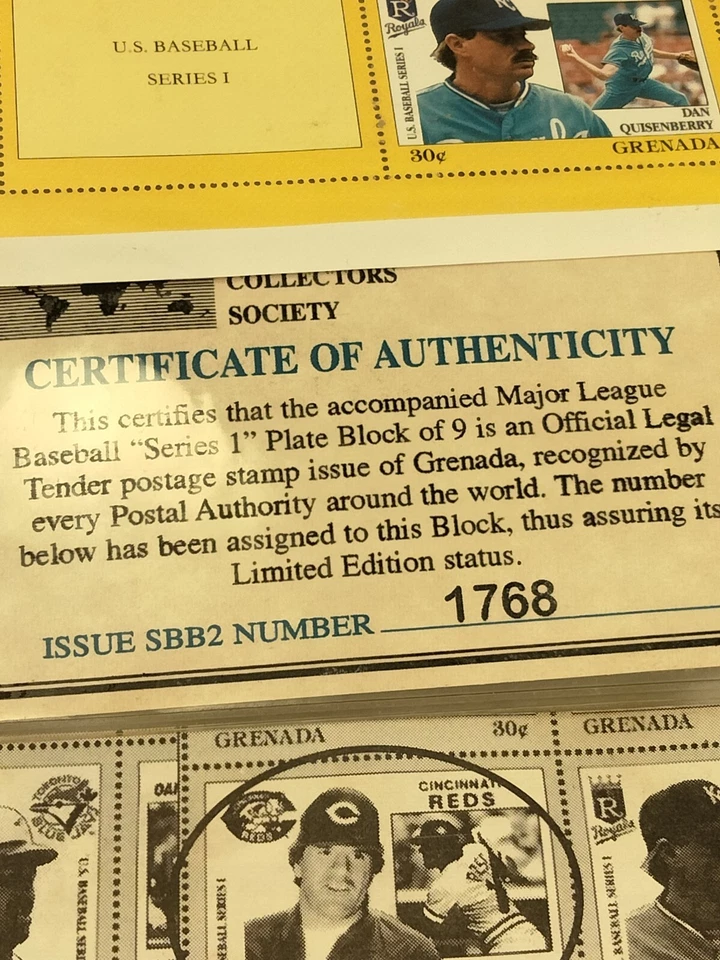 *ERROR RARO* Hoja de estampillas postales All-Stars 1988 MLB Granada con sello PETE ROSE Foto 4 de 4