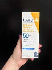 Cerave Hydrating Mineral Sunscreen for Face SPF50 2.5 oz 08/2026