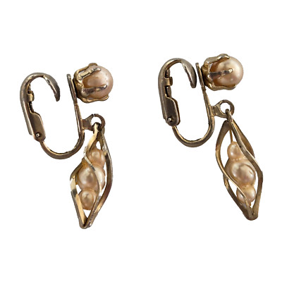 Vintage 1950s Earrings Dangle Gold Toned Faux Pearl Dainty Jewellery