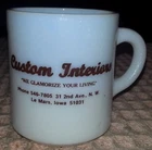 Vintage Advertising Milk Glass Coffee Cup Mug 'CUSTOM INTERIORS LeMars, IOWA'