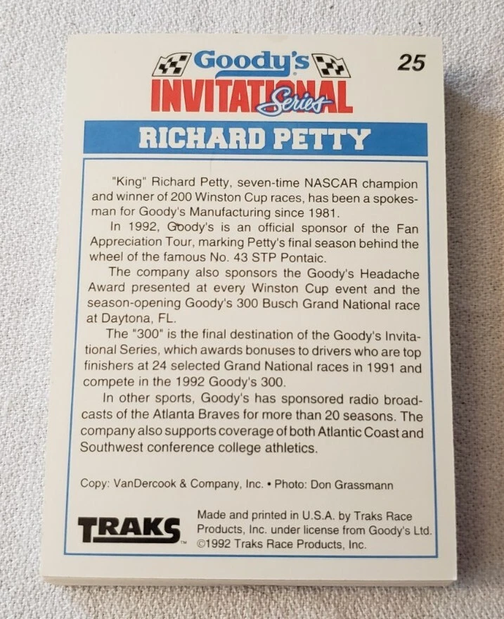 1992 Traks Goody's Invitational COMPLETE Insert Set NASCAR Racing 25 Cards - Image 2 of 3