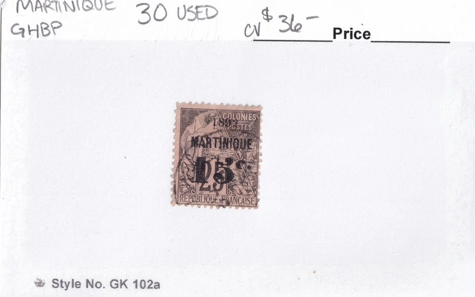 MATT'S STAMPS SCOTT MARITNIQUE #30 FRENCH COLONIES 15-C. ISSUE 1892, USED CV$36 - Image 3 of 3