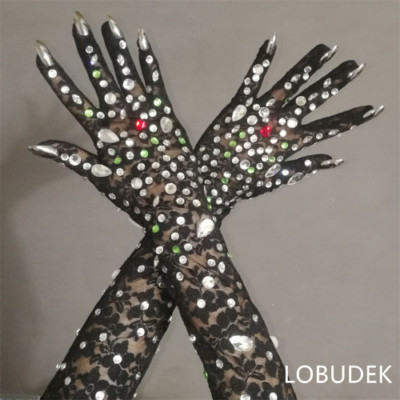 Black Gloves Lace Crystals Stones Mittens Stretch Bar Party Stage Accessories