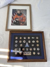 Signed Astronaut Jim Dutton Photo & 28 Official NASA Mission Crew Pins