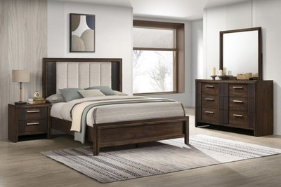 NEW 4PC Queen King Brown Beige Upholstered Contemporary Rustic Bedroom Bed/D/M/N