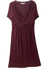 Evan Picone Faux Wrap Dress-Size 16-Maroon Ruched Waist Short Sleeve A Line