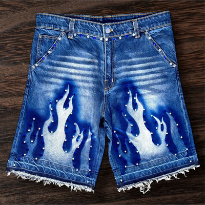 Custom Flame Denim Shorts - Men's Distressed Blue Jean Shorts with Rhinestones