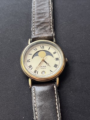 SEIKO Alba V338-6100 Moon Phase Date Roman 31mm Qz Men Watch From