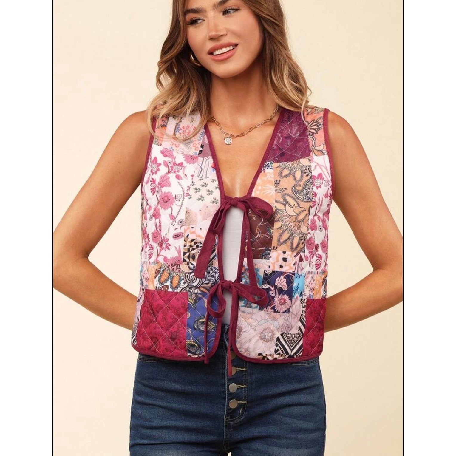 Quilted Patchwork Vest Multi-Color Boho Floral Fr… - image 1