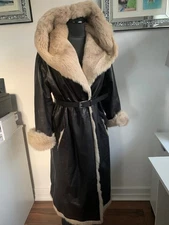 Harrods leather and real fur shearling hooded coat jacket Toscana UK10-12 US8-10