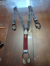Vintage Trafalgar Navy Blue Gold Stripe Leather Button Suspenders Braces
