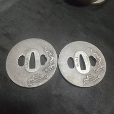 Dragon Carved Metal Tsuba Set 2 – Large & Small, Round, 5mm Thick Duty Paid or R