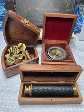 Vintage Explorer/Nautical Set w/ Telescope, Compass & Sextant with Wooden boxes