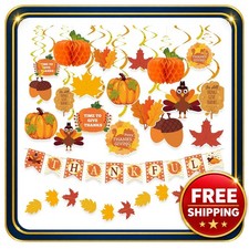 40 Pcs Thanksgiving Decoration Set with Banner Garland and Honeycomb Pumpkins