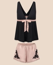 AdoreMe Black Pink Satin Lace Pajama Set Cami...