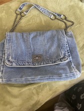 Denim Shoulder Bag with Adjustable Chain Strap - Light Blue Vintage Worn Look
