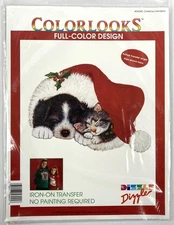 Vintage DIZZLE Colorlooks Iron-On Transfer Set of 3 Incl Dog & Cat in Santa Hat
