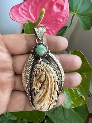 Hand Carved Bone Pendant,Horse Face Art,Floral Carving Back,Turquoise,Silver 32g