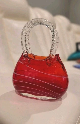 Red Art Glass Purse Vase Hand Blown Murano Style Handbag Sculpture Vintage Decor