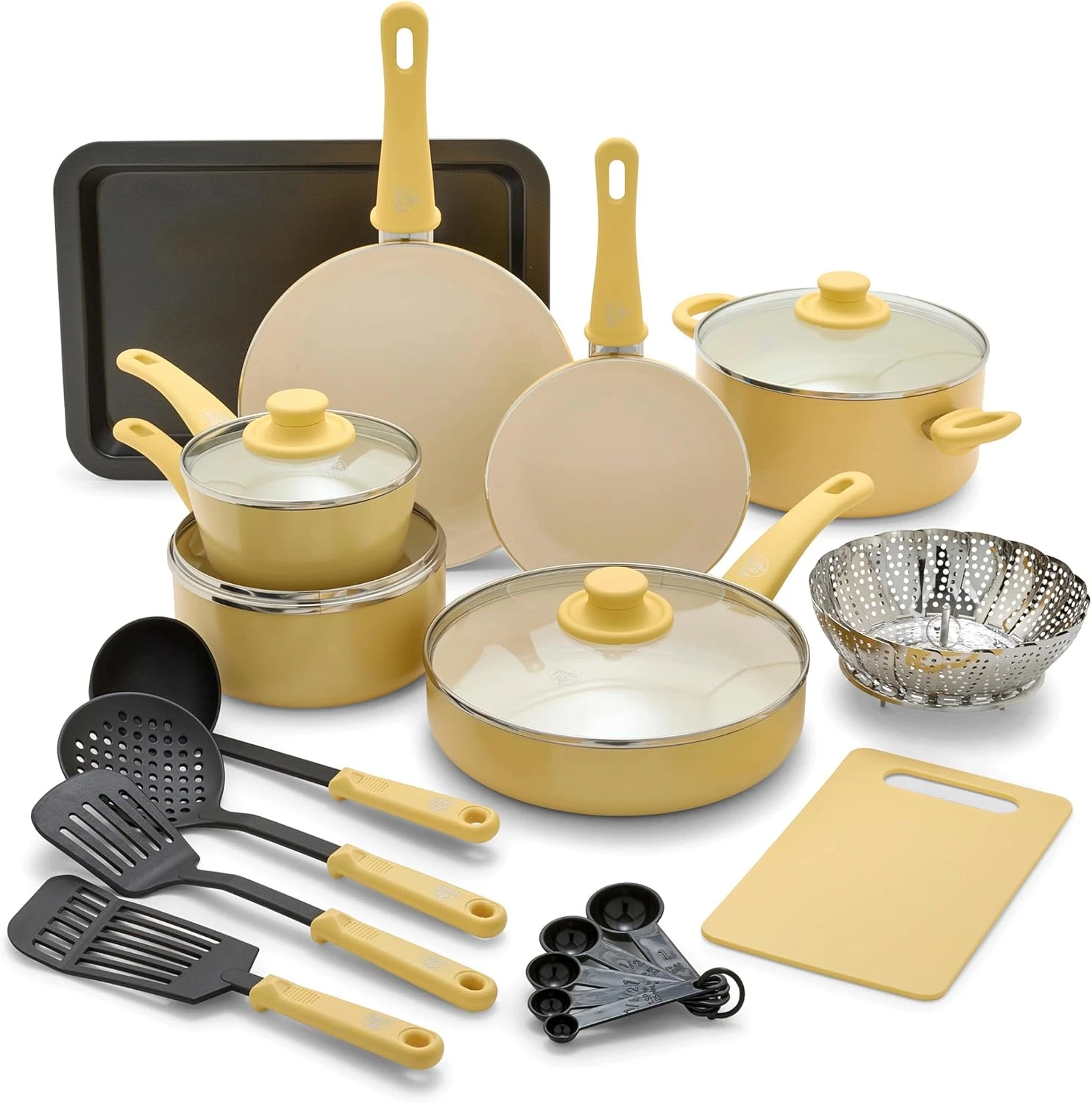 Healthy Ceramic Nonstick 18-Piece Cookware Set with Utensils - Yellow
