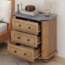 Nightstand with Charging Station Farmhouse Bedside Table with 3 Drawers Brown