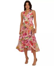 Adrianna Papell Cocktail Dress 12 Hi-Low Pink Floral Print Ruffled Faux Wrap NWT