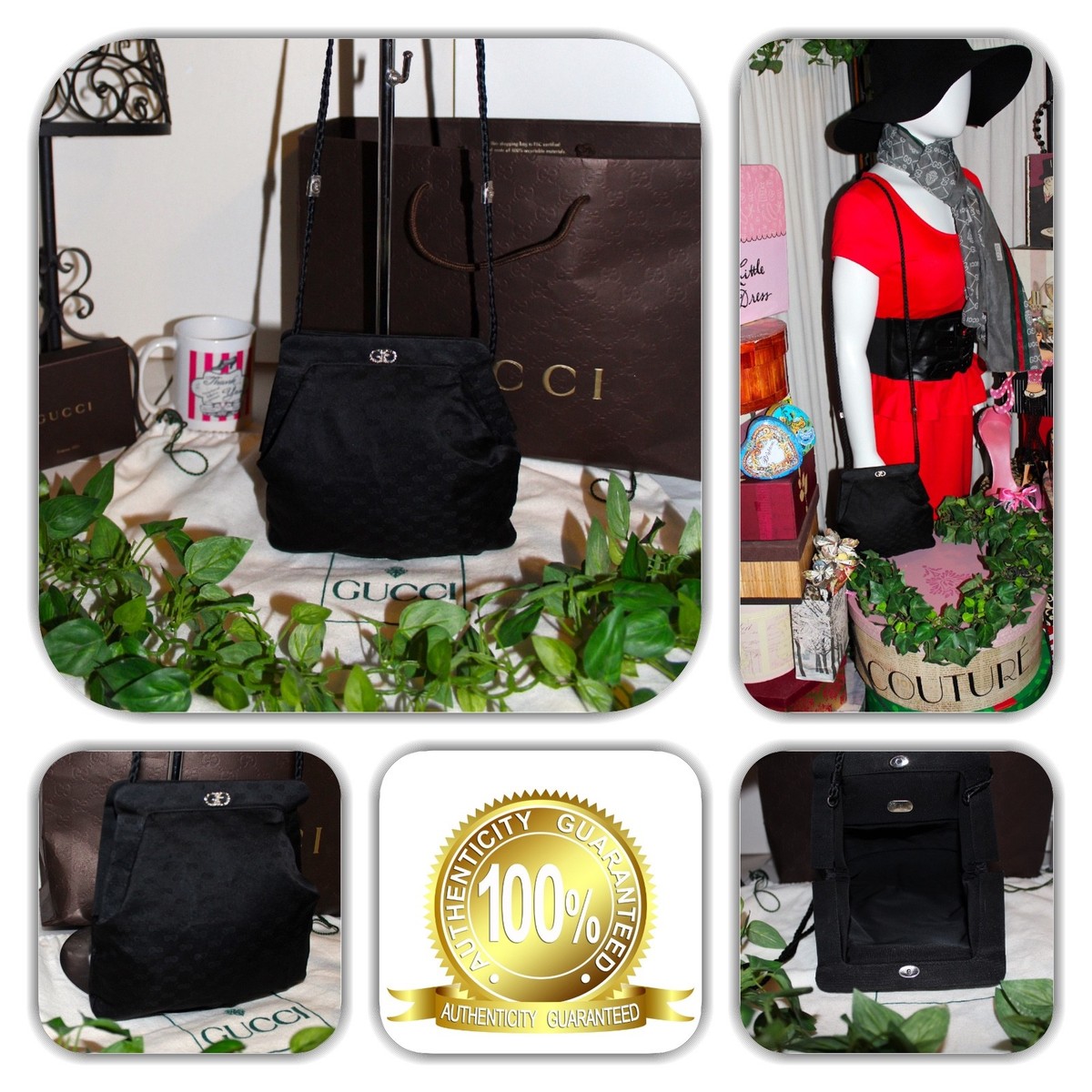 CHIC GUCCI BLACK SILK GG MONOGRAM EVENING HANDBAG! | eBay