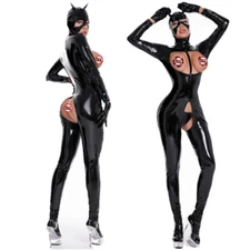 Women Open Crotch Jumpsuit PVC Leather Topless Bodysuit Sexy Erotic Outfit