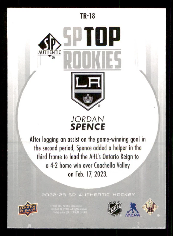 2022-23 SP Authentic Top Rookies #TR18 Jordan Spence - Image 2 of 2