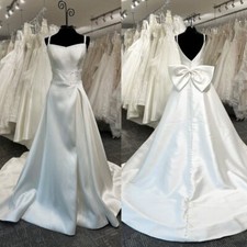 Elegant Satin Wedding Dresses with Bow Backless Beaded Sweep Train Bridal Gown