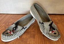 Minnetonka Gray Beaded Thunderbird Moc Toe Southwestern Slip On Moccasins Sz 7