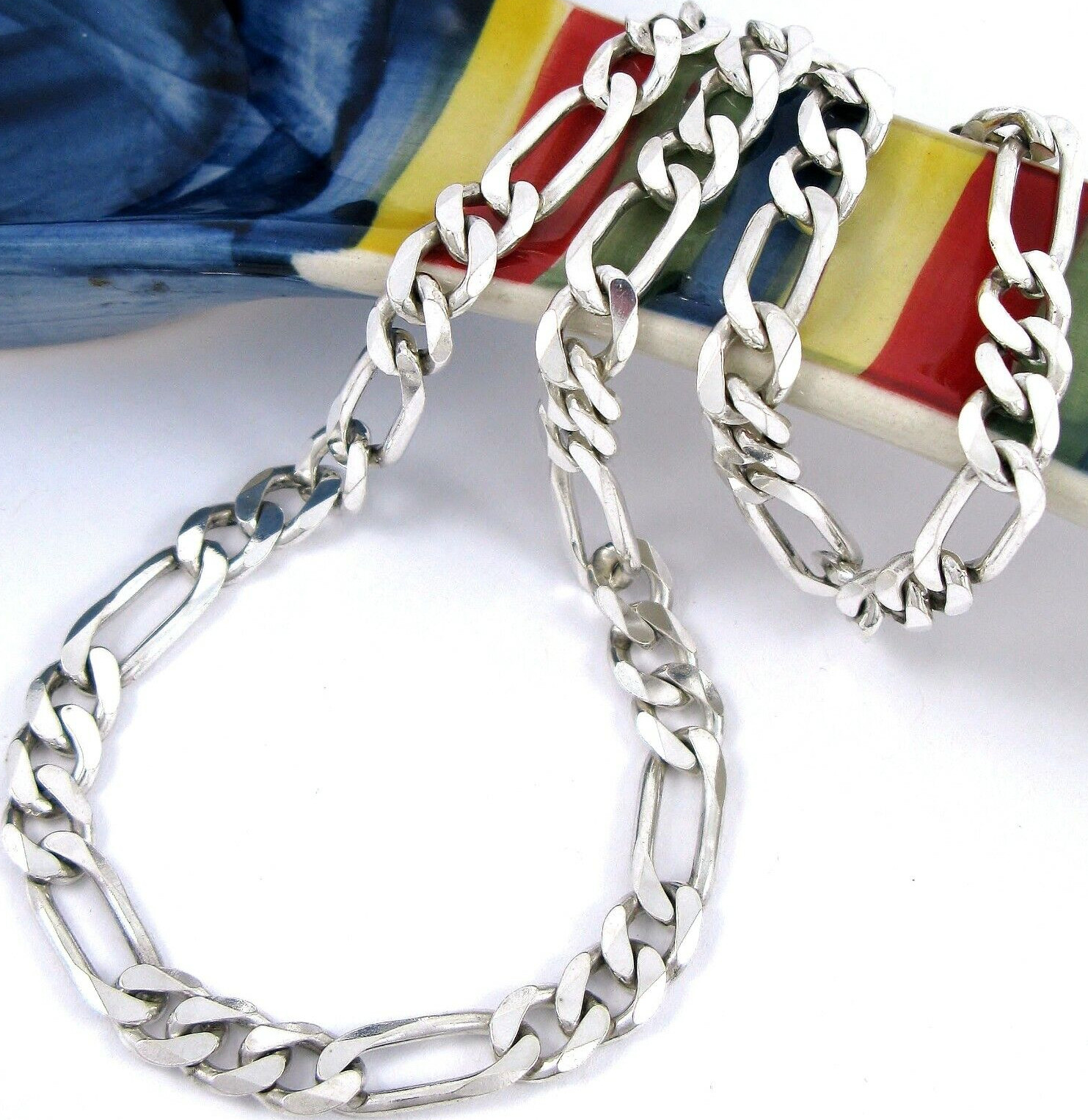 Solid Sterling Silver 925 Figaro 22" Necklace 38.… - image 1