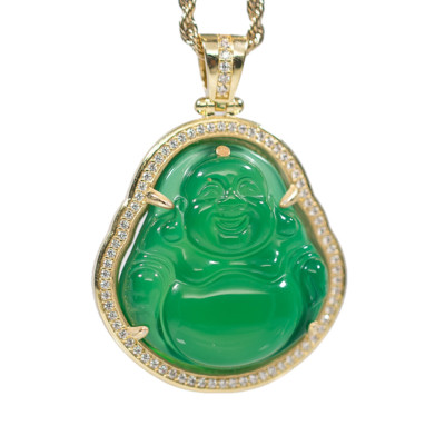 Mens 14k Gold Plated Iced Green Jade Cz Buddha Bling Pendant Necklace
