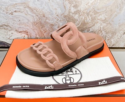 Hermes Suede Goatskin Extra Rose Opaline Sandals