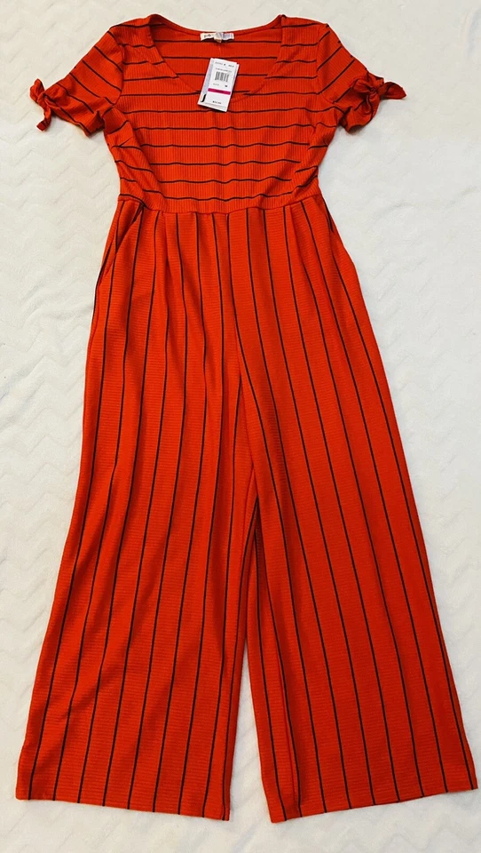 Mono para mujer Jolt rojo y negro tejido a rayas elástico cuello redondo manga corta M Foto 2 de 4