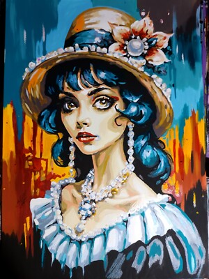 Portrait Poster of a girl with pearls , Pop Art Handmade