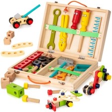 Wooden Tool Kit Set with Tool Box  Pretend Play Portable Construction Tools Kit