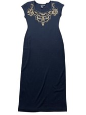 VTG Y2K Carole Little Long Knit Dress Womens Medium Wool Black Gold Embroidery