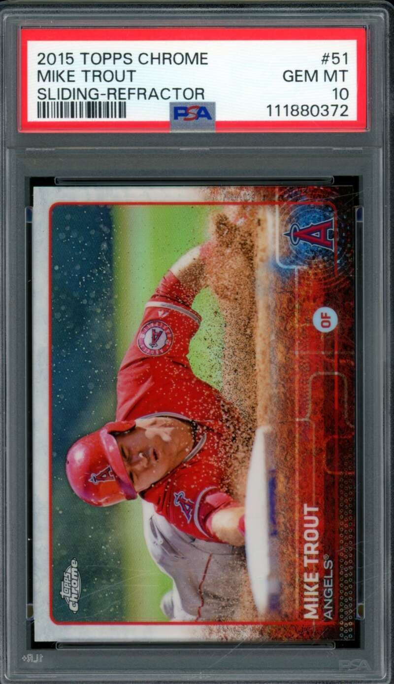 Mike Trout Card 2015 Topps Chrome Sliding Refractor #51 PSA 10