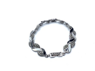 Dee Berkeley 925 Sterling Silver Marcasites ony & mop 7.5  Link Bracelet - 20.9g