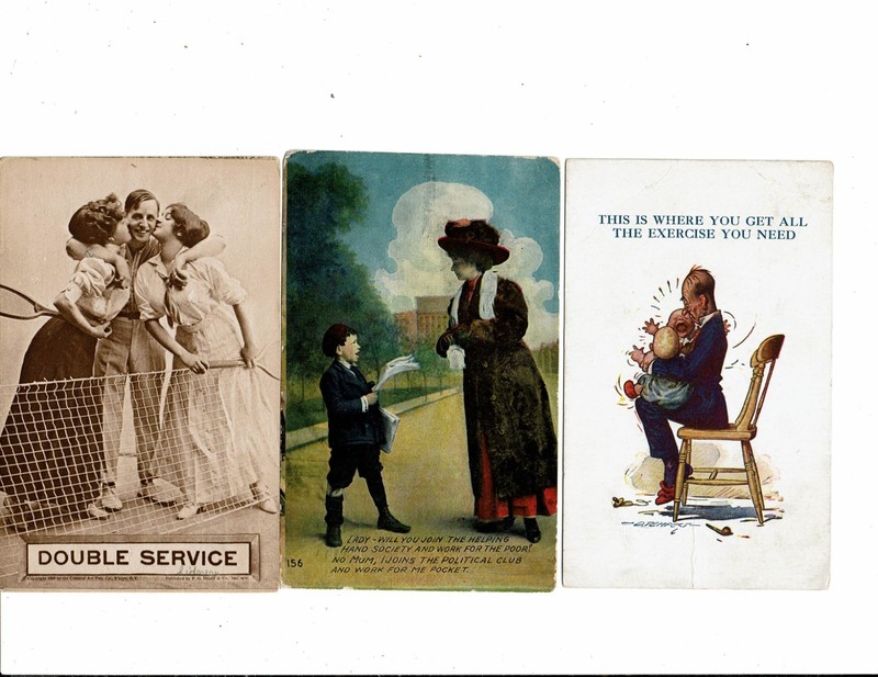 3 Card Comic Lot, Man Loves Tennis, Boy Political, Man With Twins!