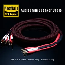 Pair HiFi OFC Copper Bi-Wire Speaker Cable Gold Plated 2 to 4 Banana Plugs