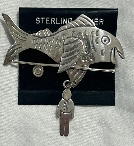 Vtg 925 Sterling Silver Cartoon Fishing Angler Fish Catches Man Tie Tack