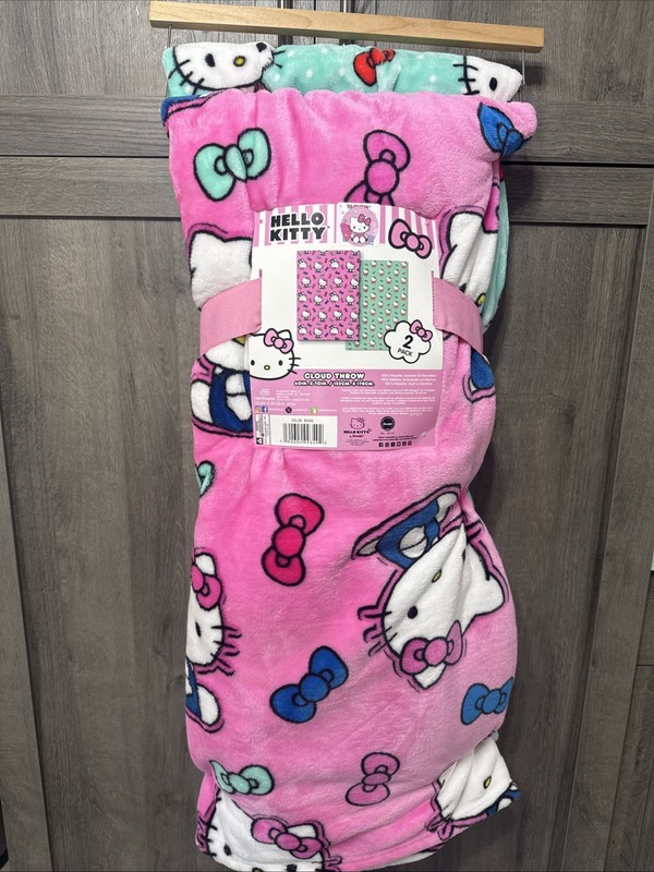 New Hello Kitty Double (2) Pack Color Bows Plush 60"x70" Throw Blanket On Hanger