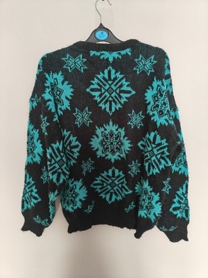 Retro Vintage Style Black & Teal Snowflake Strickpullover Pullover Gr. M