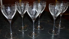 Vtg Set 6 ETCHED CRYSTAL 4 oz Gin/Wine Glass JUNIPER SPRIGS & BERRIES 6 1/8" Exc
