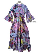 Indian Cotton Floral Print Blouson beach Cover up Multi Summer Party Wear Dress