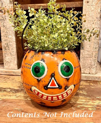 NEW PRIMITIVE PUMKIN BUCKET RECYCLED METAL HALLOWEEN Handle 7.5''Wx7.5''Dx7''H