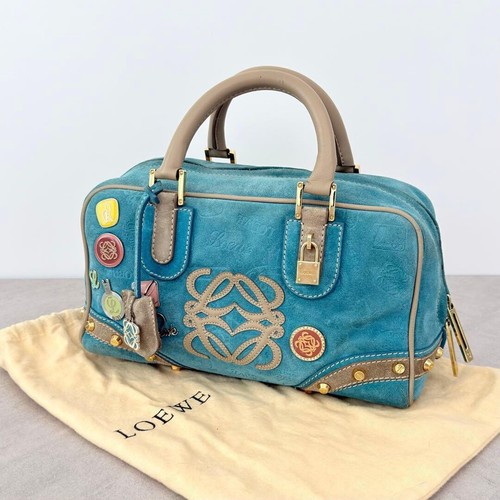 LOEWE Amazona 28 Turquoise Blue Suede Leather Boston Bag Limited Auth
